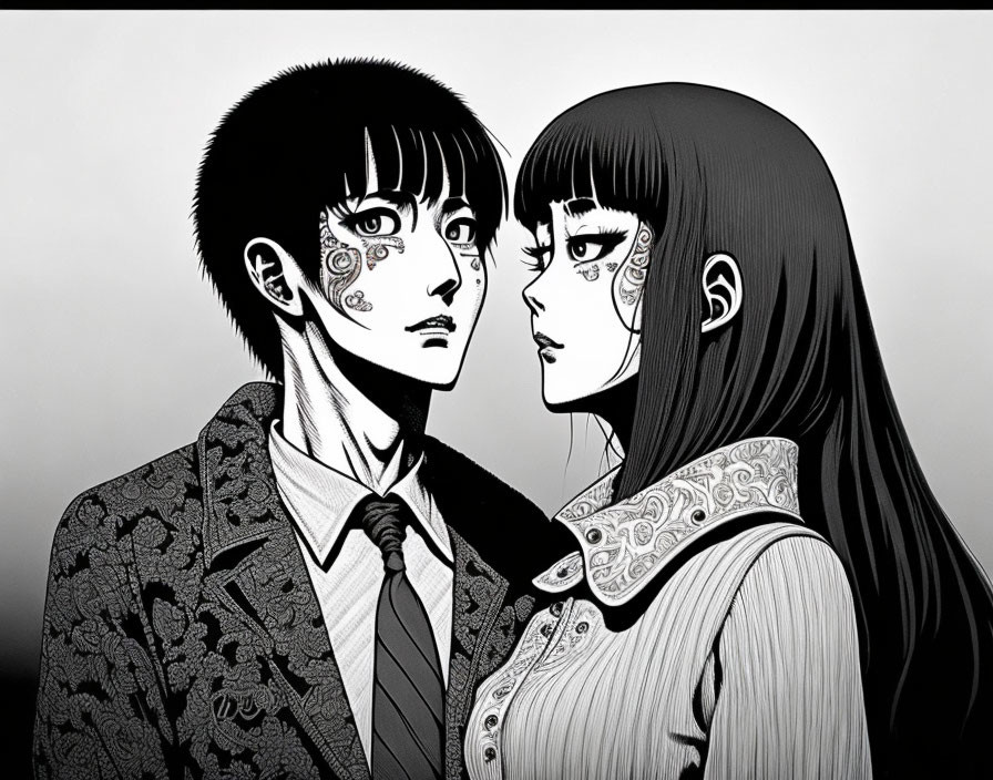 Monochrome illustration of man and woman with intricate face patterns in intimate pose