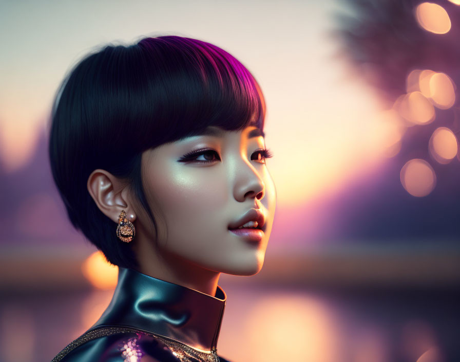 Digital artwork: Woman with short black hair and earring in warm-toned blurred background