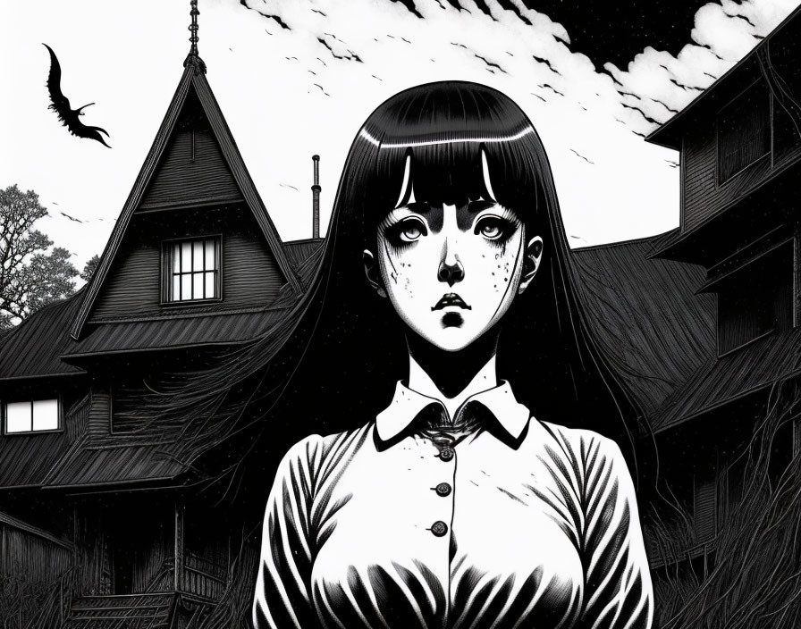 Monochrome illustration of a solemn girl by eerie house with bird under cloudy sky