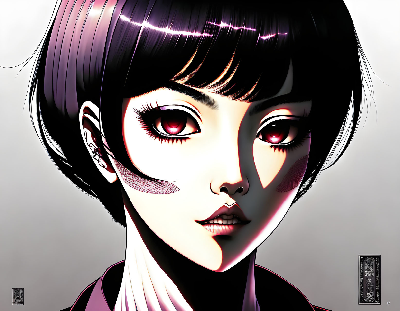 Stylized Female Character with Red Eyes and Purple Hair in Graphic Novel Style