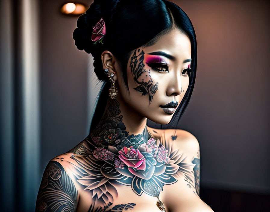 Illustrated woman with intricate tattoos and makeup featuring pink flower tattoo and rose in hair