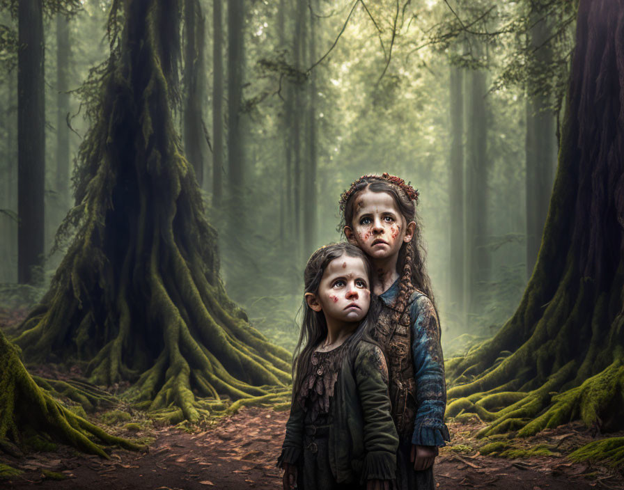 Children in misty forest with prominent tree roots gazes upward.