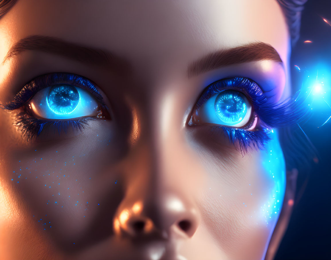 Female face with glowing blue eyes and sparkling skin in futuristic theme