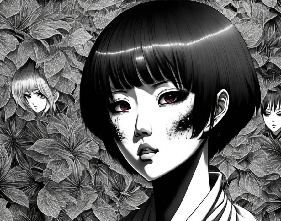 Pale-skinned girl with short black hair and red eyes in monochromatic setting