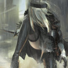 Futuristic steampunk character with mechanical shoulder piece in rain with white winged umbrella