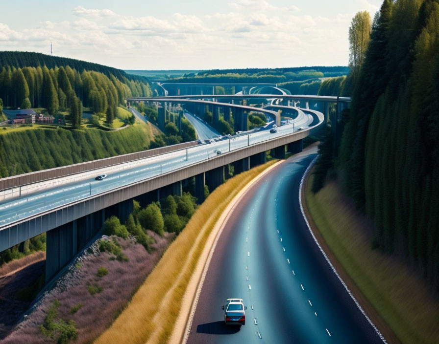 Rural landscape with overlapping highway bridges and moving vehicles