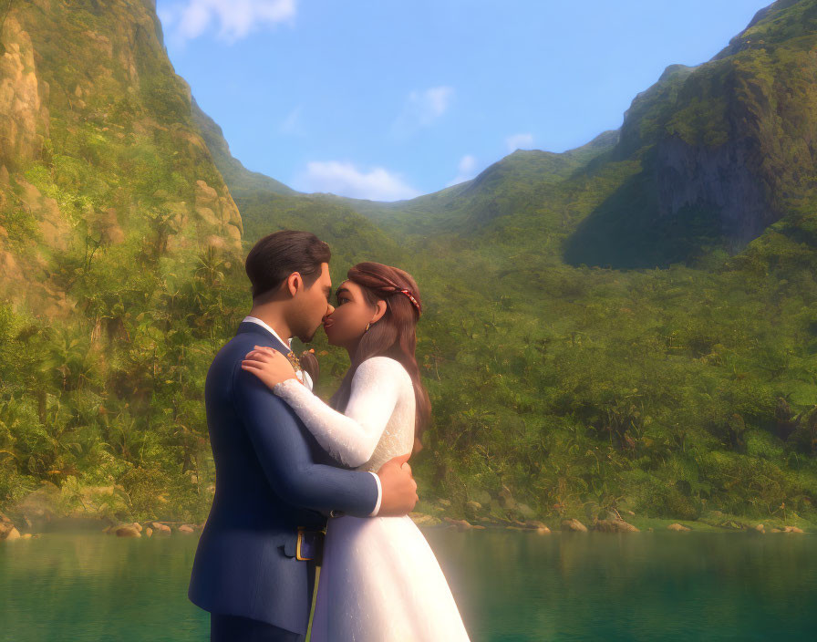 Animated characters kissing in serene mountain landscape