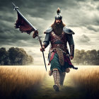 Bearded Viking warrior in traditional armor with sword and axe on field under dramatic sky