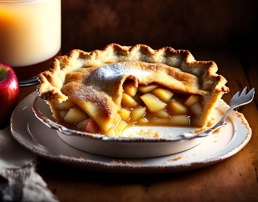 Golden Crusted Apple Pie with Chopped Apples on White Plate