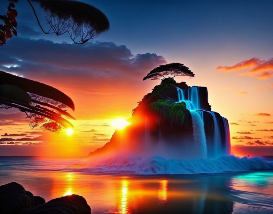 Scenic sunset behind waterfall cascading into ocean