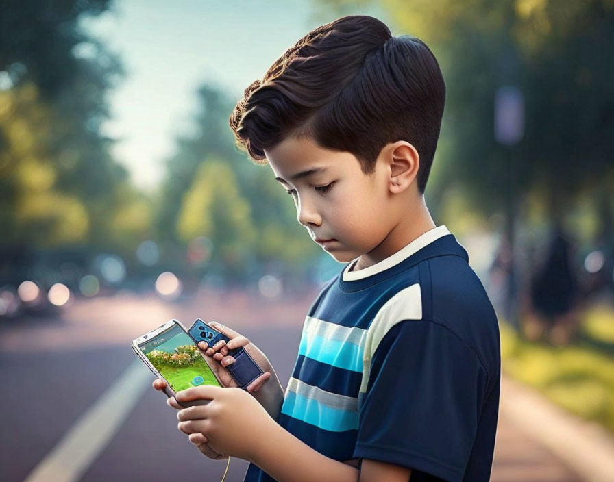 Young boy playing smartphone game outdoors with trees and street.