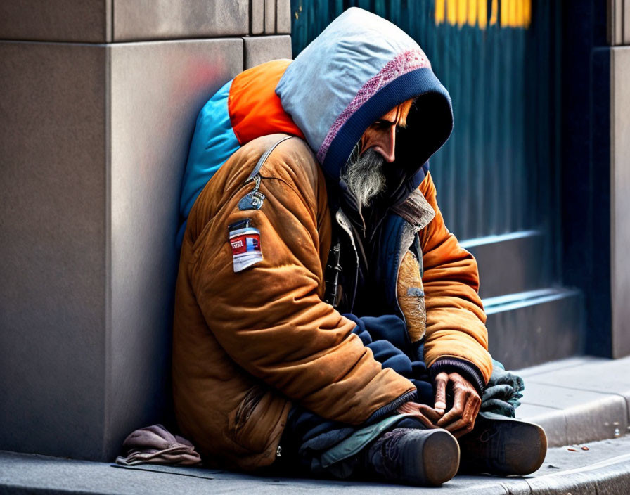 Bearded person in hooded jacket and gloves portrays homelessness.