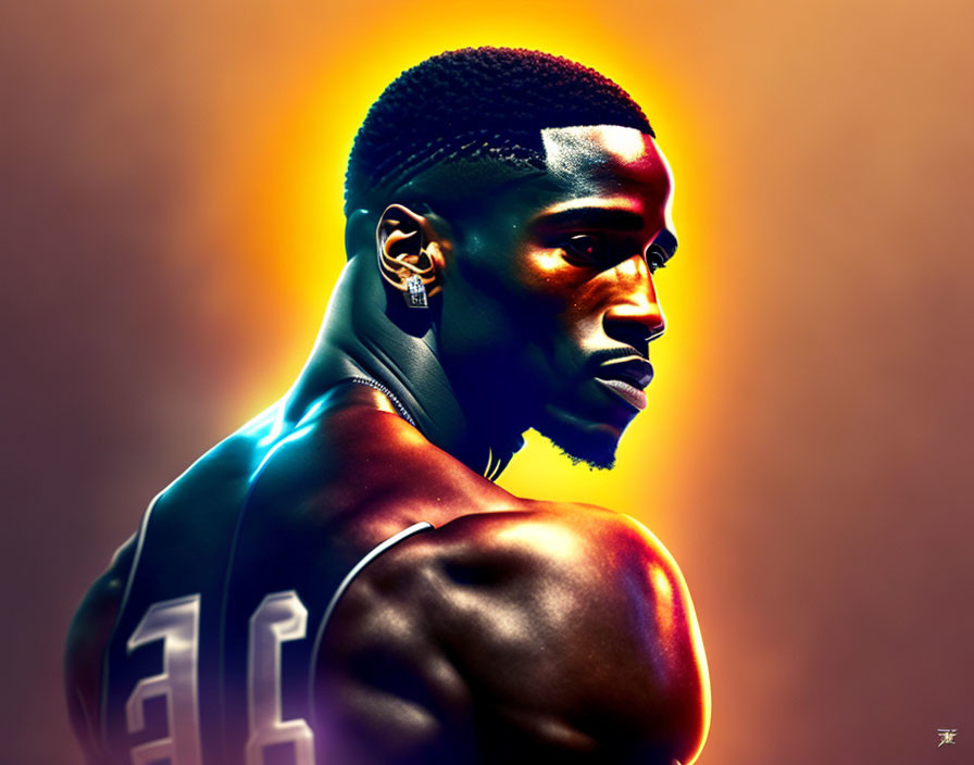 Muscular man digital artwork with glowing orange background