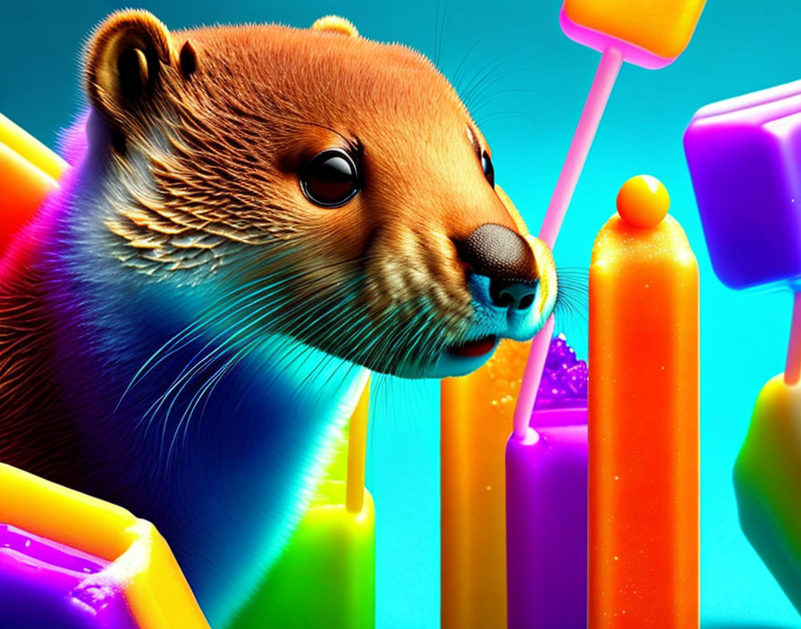 Colorful Otter with Popsicles on Blue Background