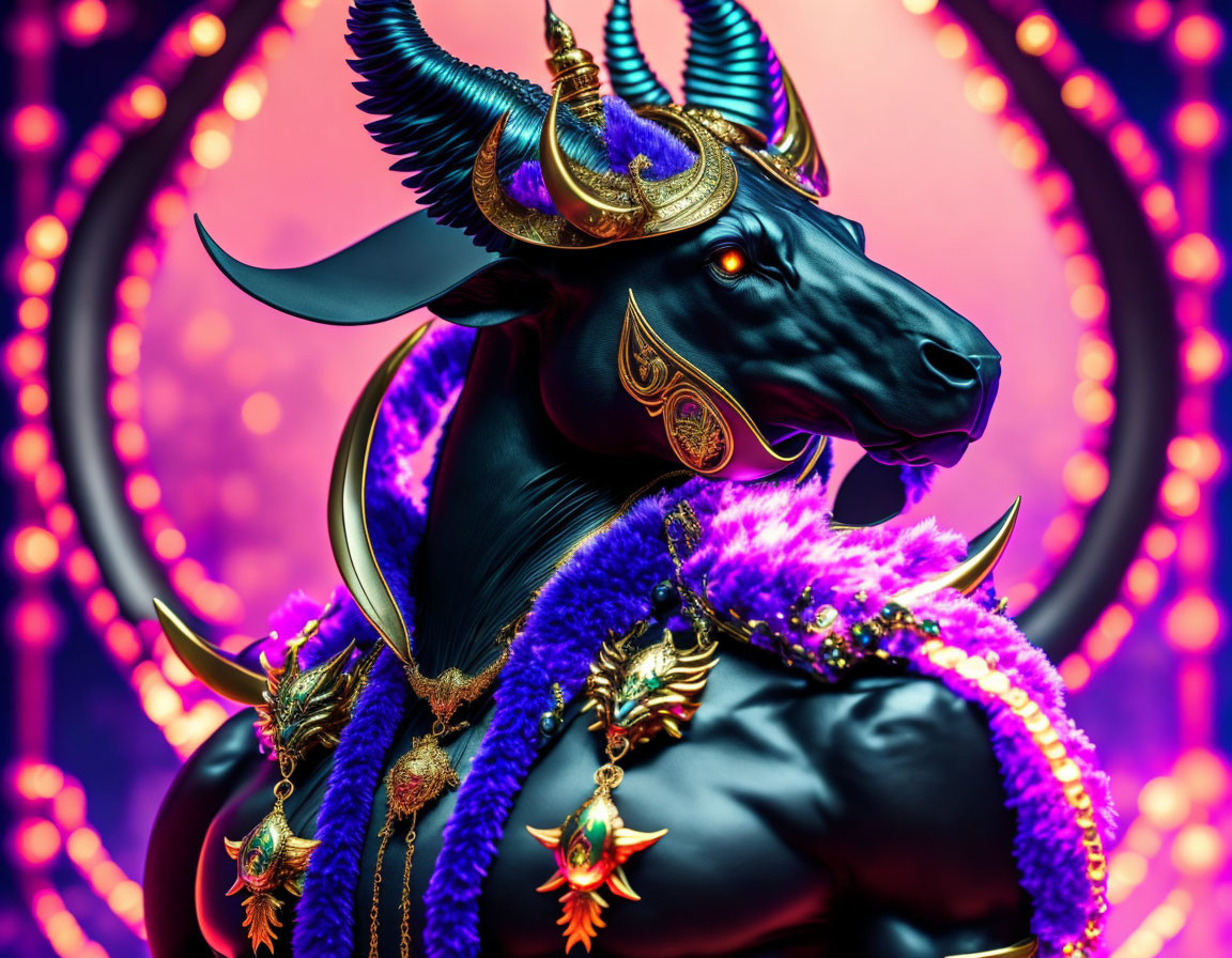 Majestic black bull with golden horns and jewelry on vibrant pink and purple background