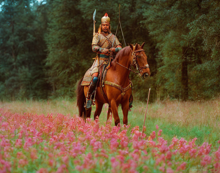 Person in Historical Armor Riding Horse Through Field of Pink Flowers