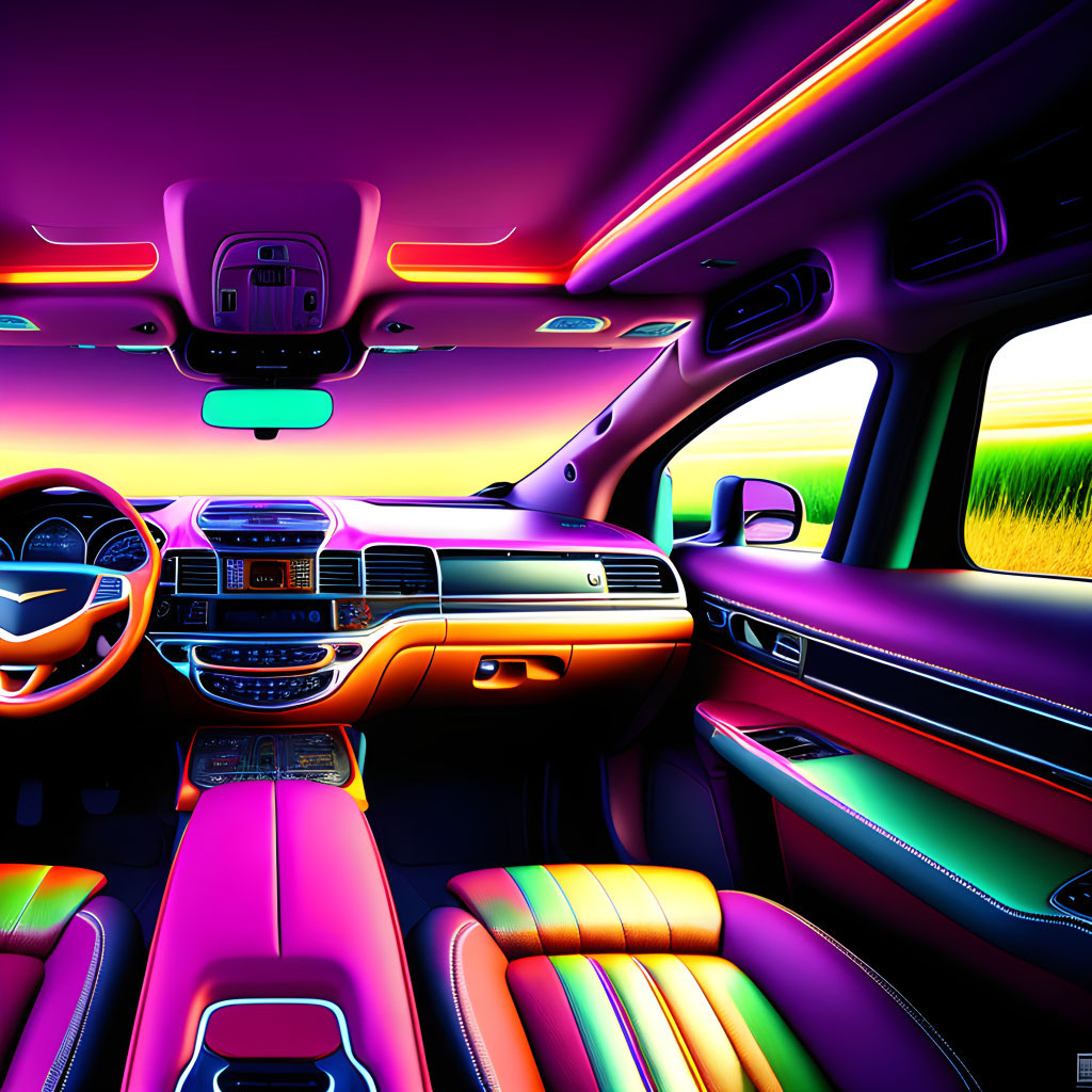 Colorful Neon-Lit Car Interior Contrasts Green Countryside