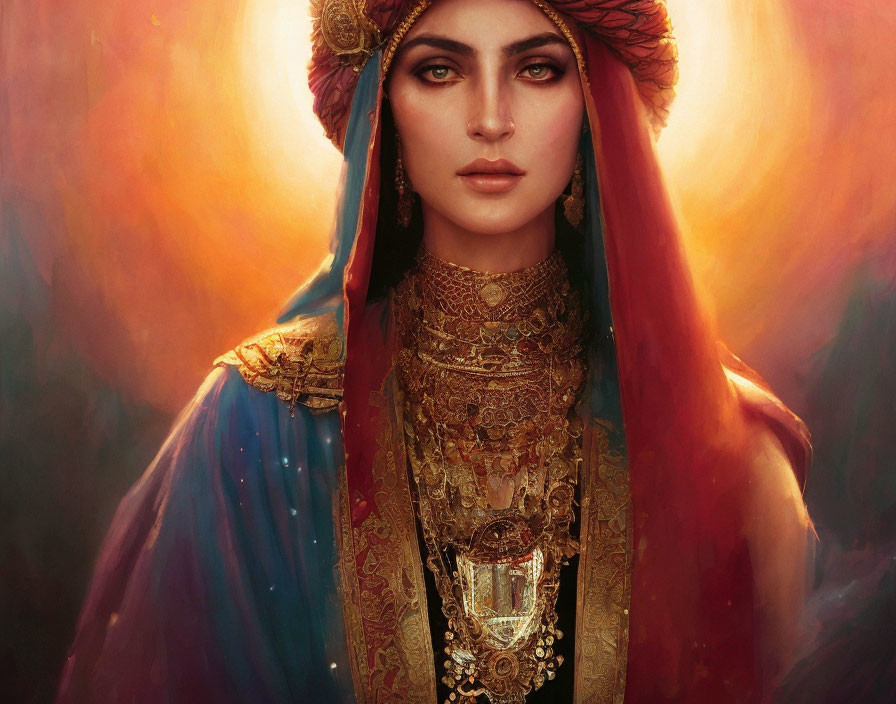 Vibrant portrait of woman in ornate jewelry and colorful headdress