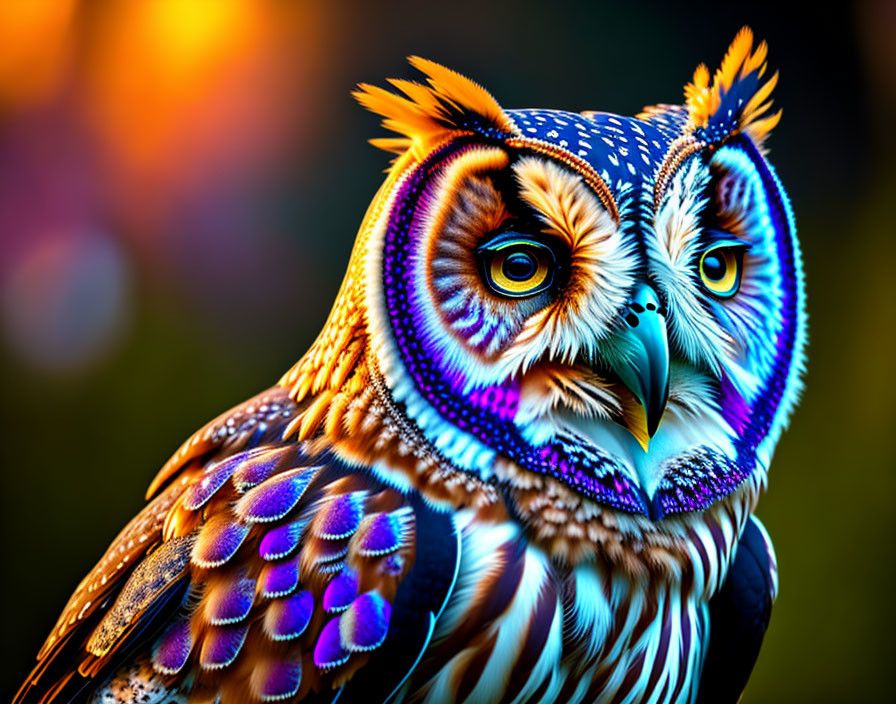 Colorful Digital Art: Owl with Intricate Patterns and Fluorescent Hues