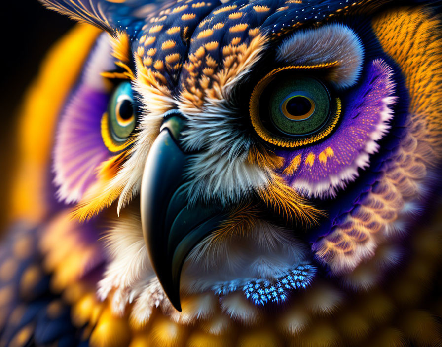 Colorful Owl with Detailed Feather Patterns and Yellow Eyes Close-Up