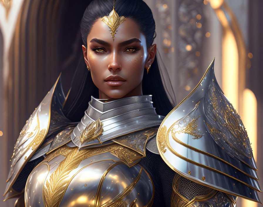 Detailed digital artwork of a woman in ornate gold and silver armor against soft-lit backdrop