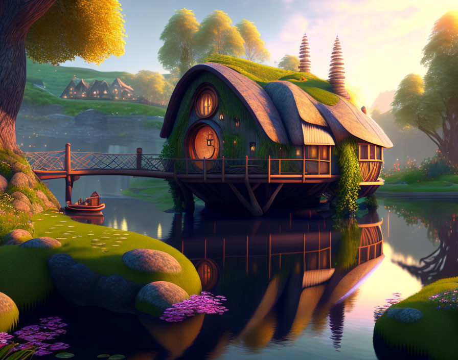 Idyllic fantasy cottage with grassy roof by tranquil lake at sunset