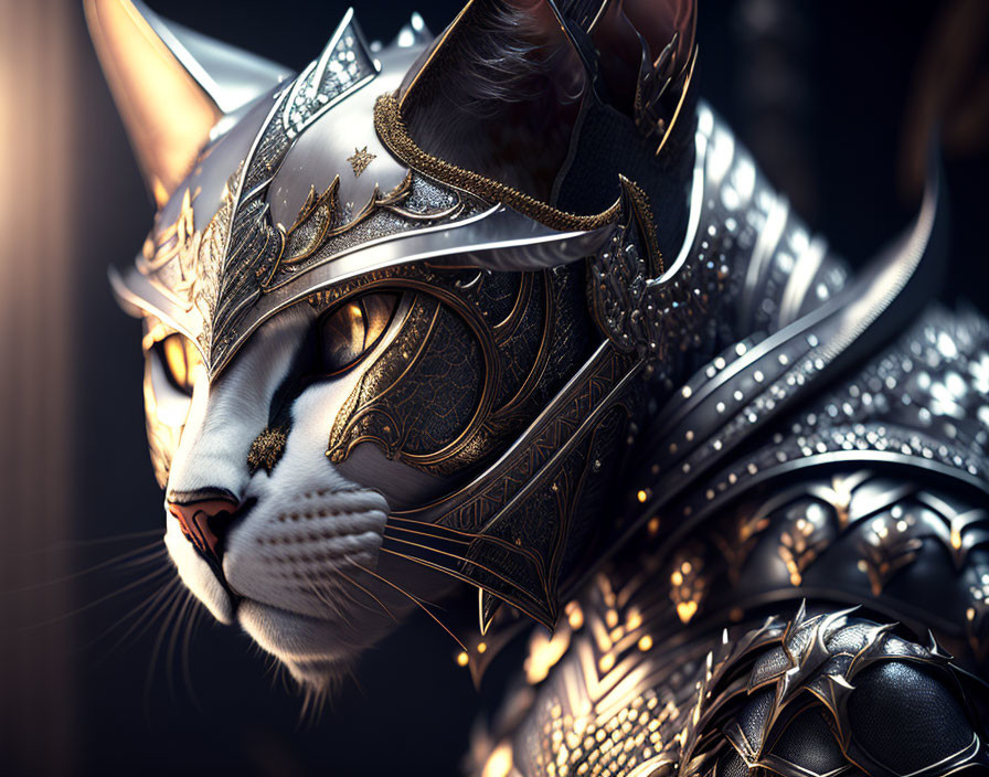 Detailed digital artwork of a cat in ornate fantasy armor and helmet, under dramatic lighting