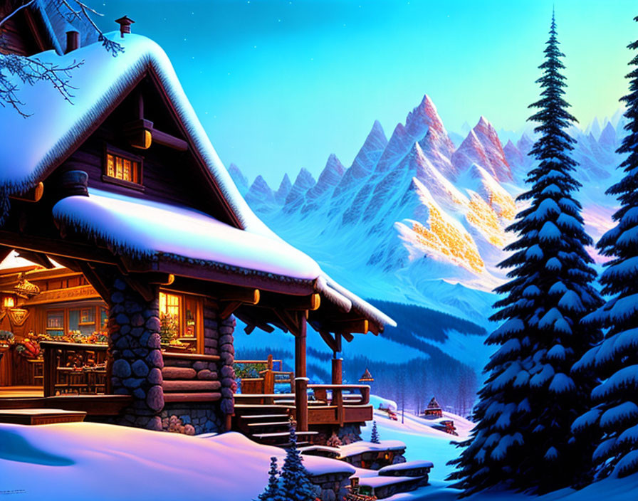 Snowy Twilight Scene: Cozy Log Cabin, Pine Trees, Mountain Peaks