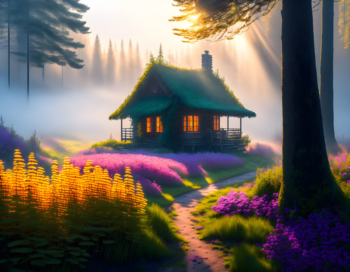 Tranquil cottage with vibrant flowers in misty forest