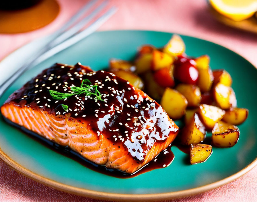 Sesame-Glazed Salmon Fillet with Roasted Potatoes on Teal Plate