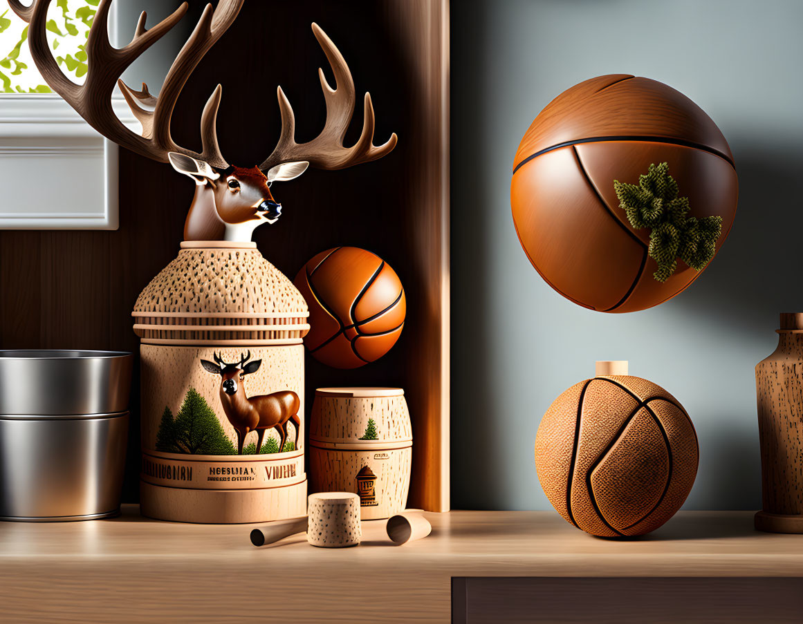 Wooden deer head, matryoshka dolls, basketballs, and wooden items on shelf display