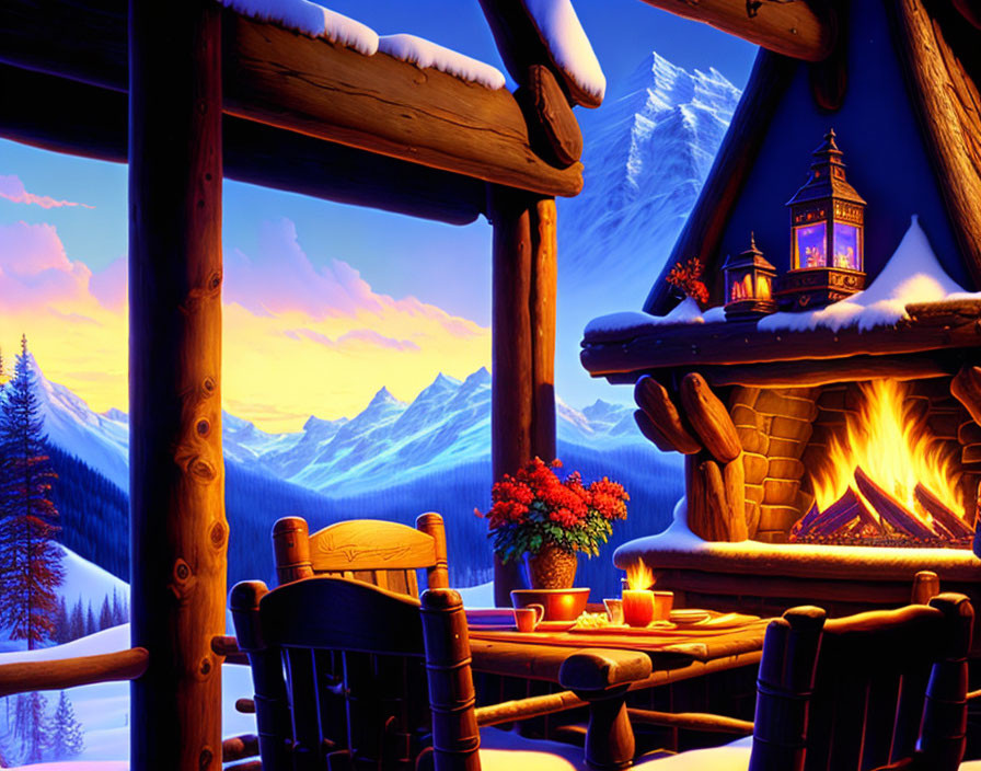 Snowy Mountain View Cabin Interior with Fireplace at Dusk