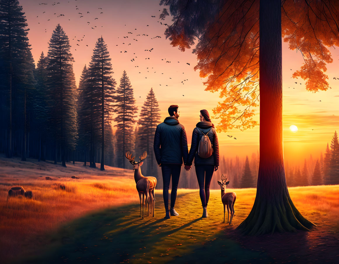 Couple in scenic forest at sunset with deer, birds, and pine trees