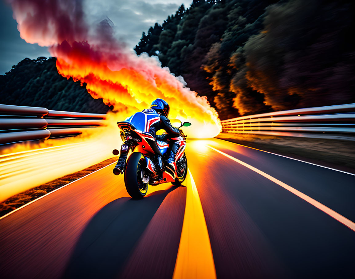 Motorcyclist in Blue and Red Racing Suit on Sportbike at High Speed