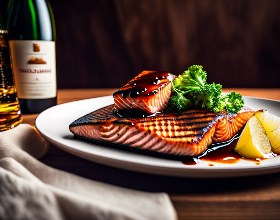 Grilled Salmon Fillet with Glaze and Lemon, Broccoli, Wine Bottle on White Plate