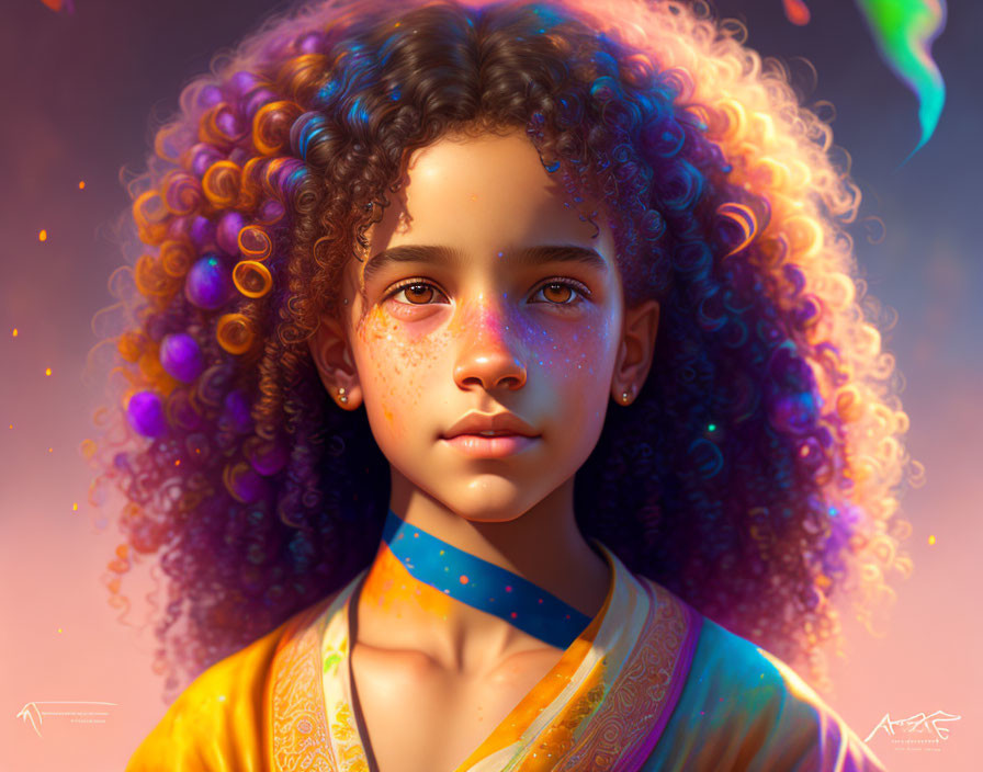 Young girl with curly hair and freckles in colorful scarf under warm light