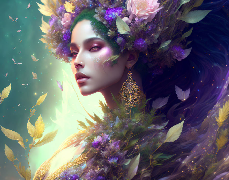 Mystical woman with floral headpiece in ethereal glow among golden leaves