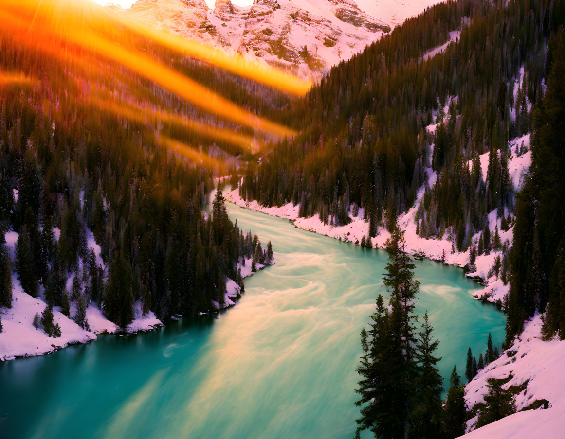 Snowy Mountain Landscape with Turquoise River and Pine Forests at Sunset