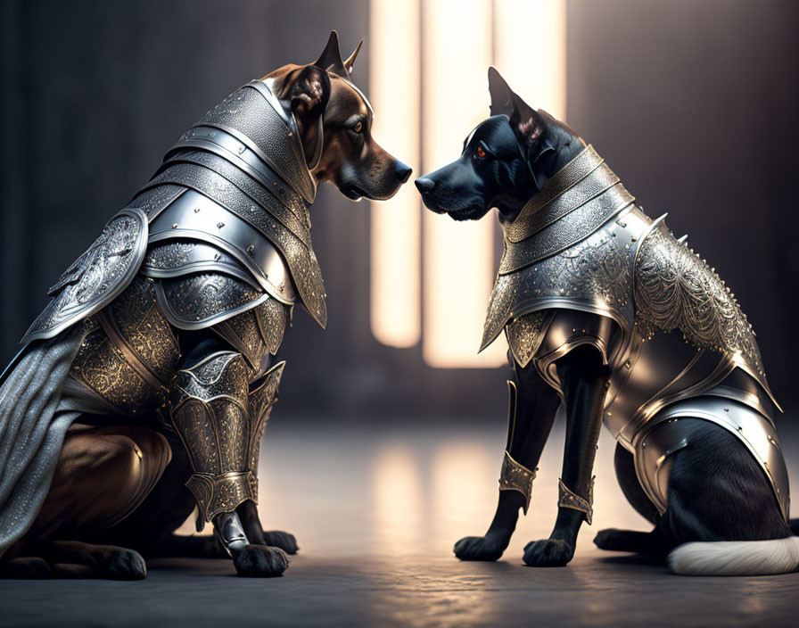 Medieval-style armored dogs in majestic pose against dusky backdrop