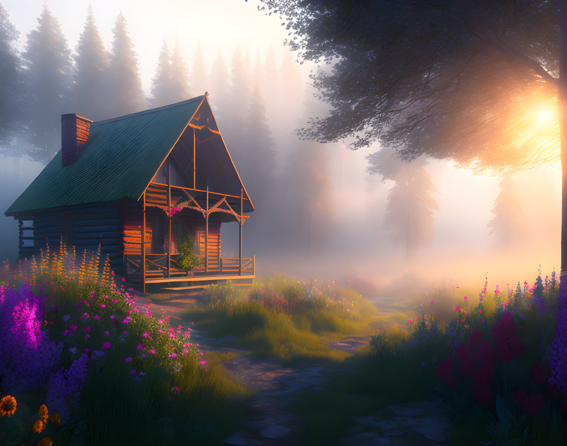 Wooden cabin in foggy forest with lush flowers under golden sunlight