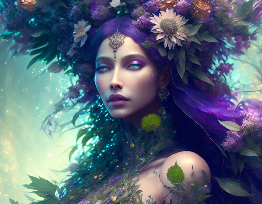 Fantasy portrait of woman with purple hair and floral adornments