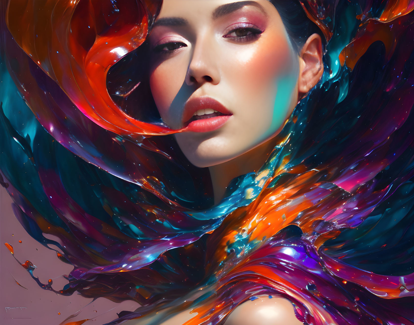 Colorful digital portrait of woman with cosmic nebula hair and bold makeup