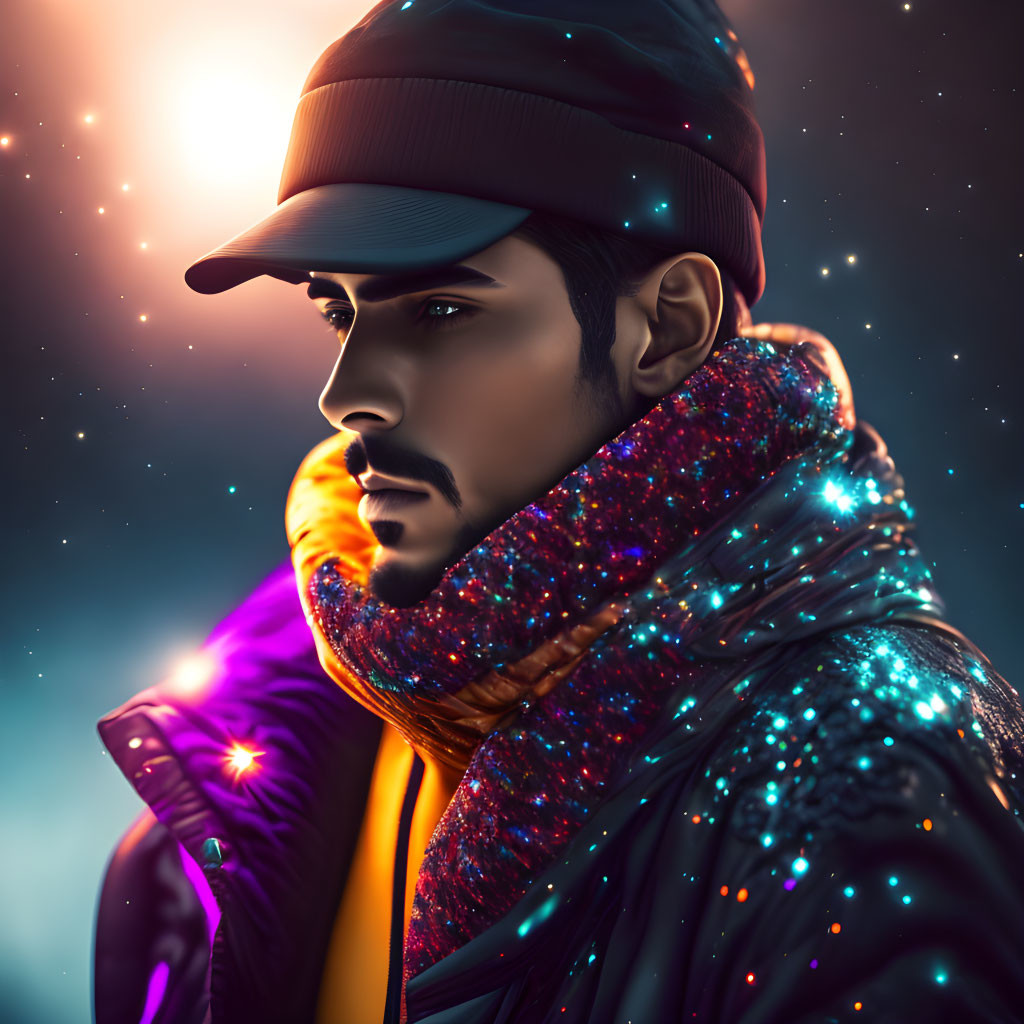 Stylized digital portrait of man in cap and scarf with cosmic winter theme