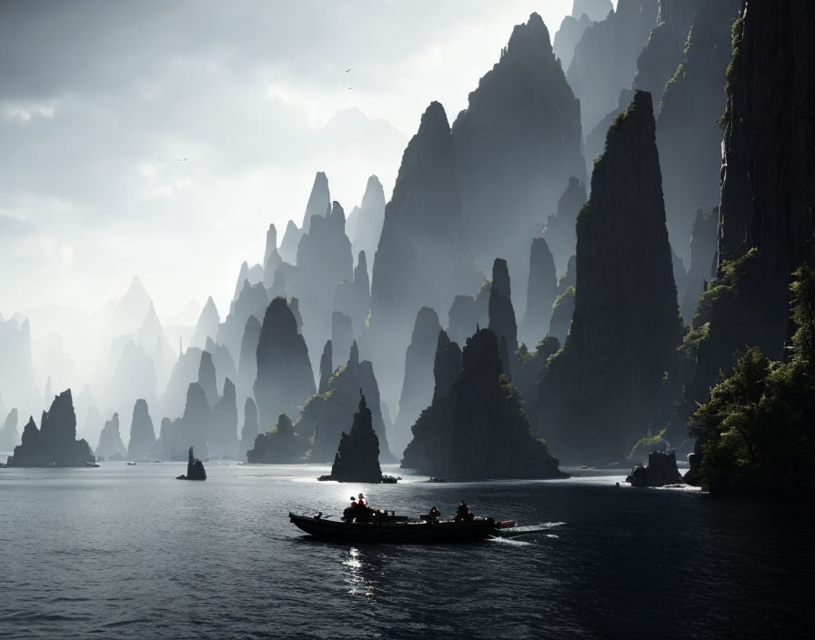 Passengers on boat amid misty limestone karsts over calm waters.