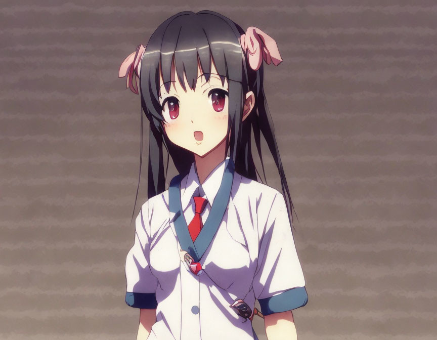 Anime girl with black hair, pink bows, red eyes, white school uniform, and red tie.