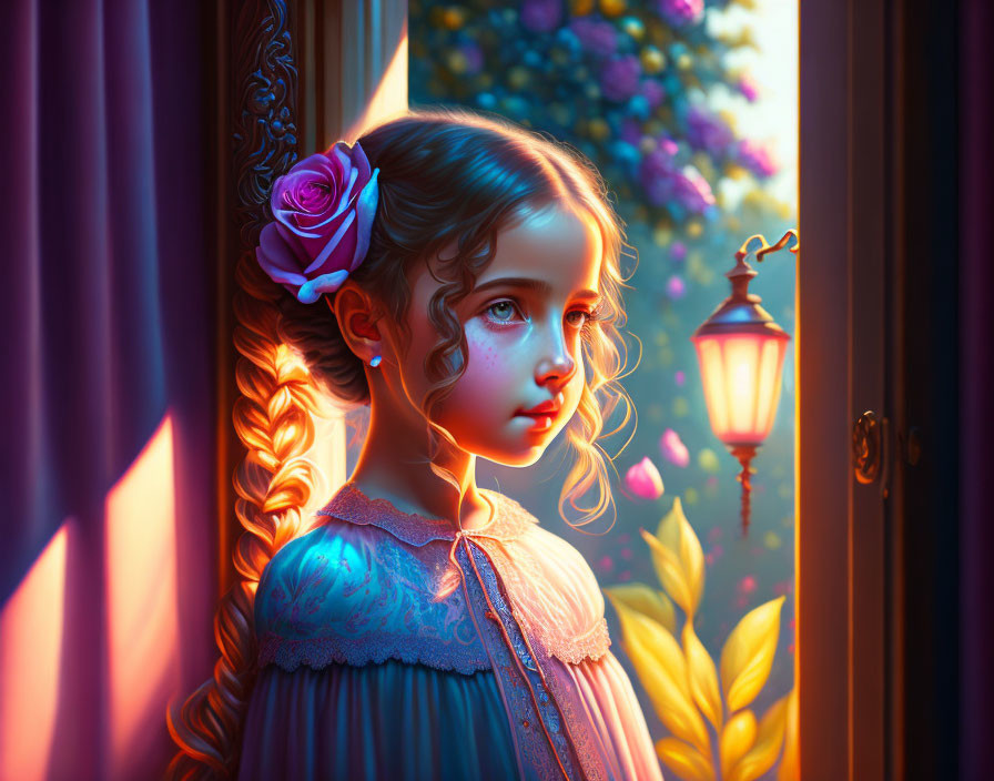 Young girl with braid and rose by window in golden sunlight