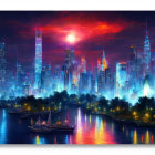 Night city skyline with red moon, mist, and glowing skyscrapers