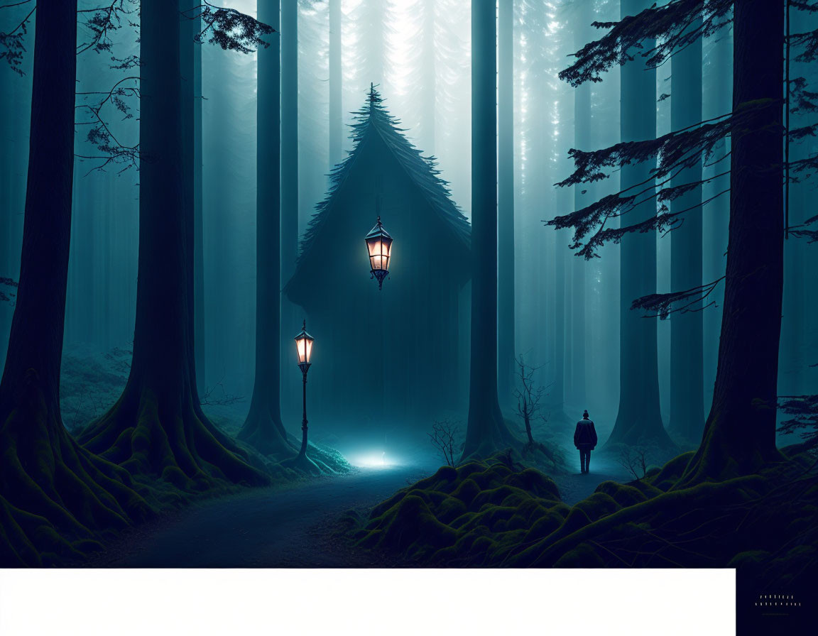 Figure in mystical forest with glowing lanterns and ethereal light.