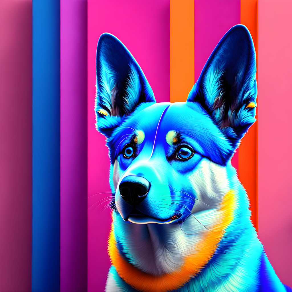 Vibrant Blue and Orange Dog on Multicolored Striped Background