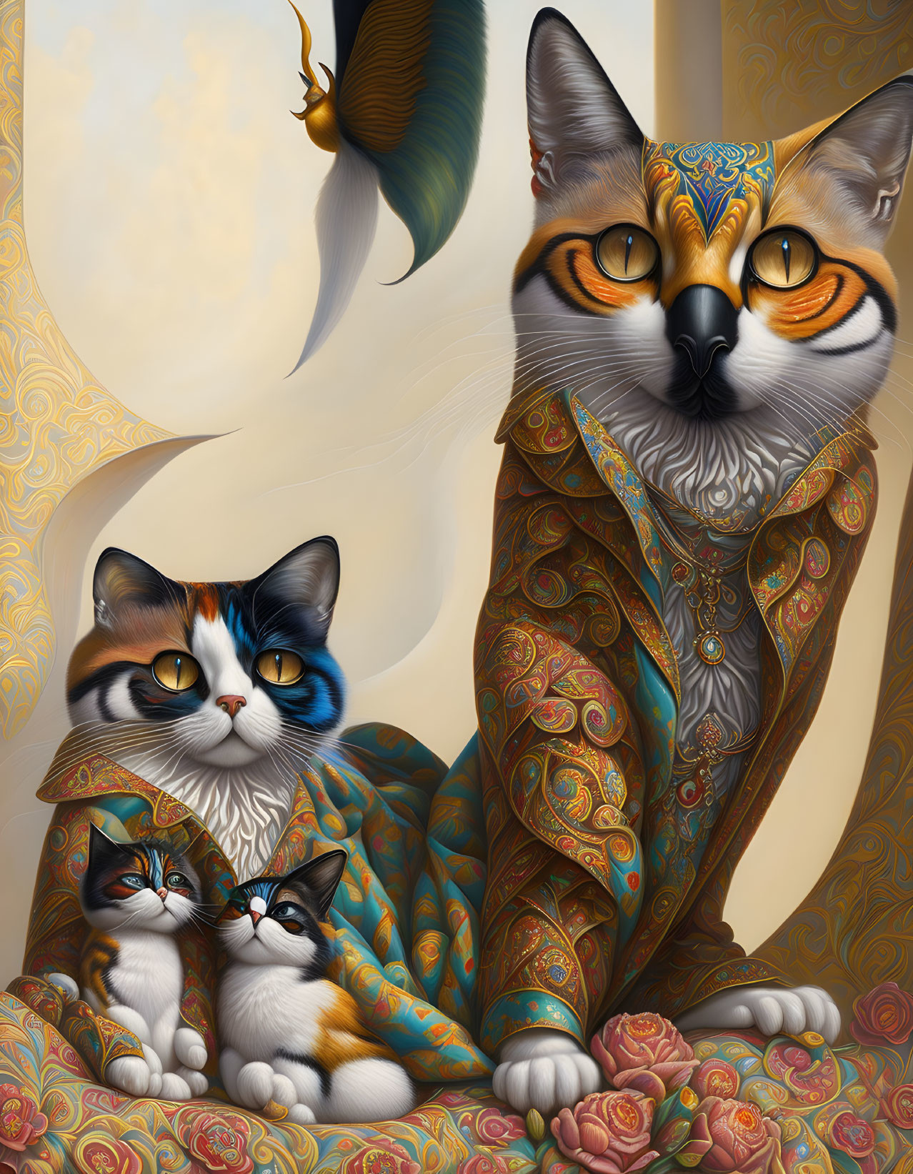 Regal cats in ornate attire on creamy background with roses